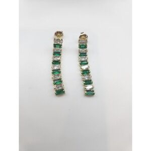 Green Clear Baguette Cubic Zirconia Gold Tone Linear Drop Earrings 1.25 Inch‎